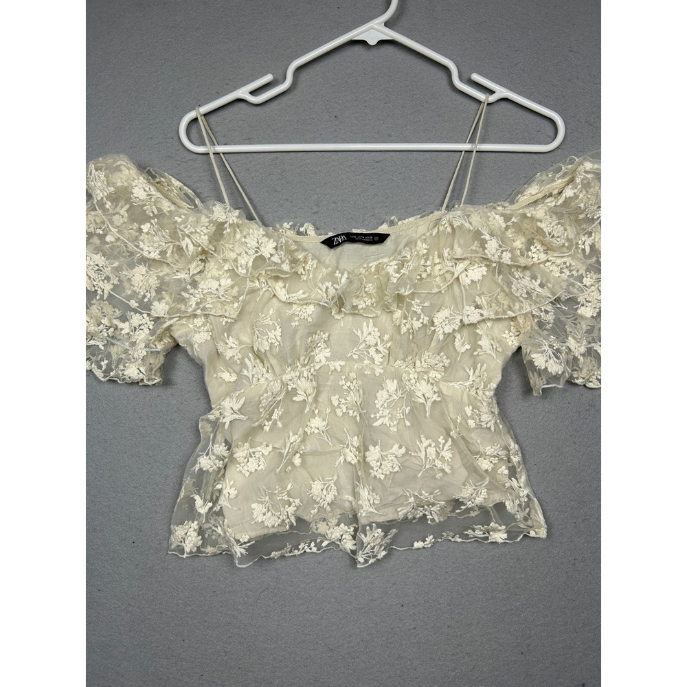ZARA Blouse Floral Embroidered Mesh Cream Medium Womens